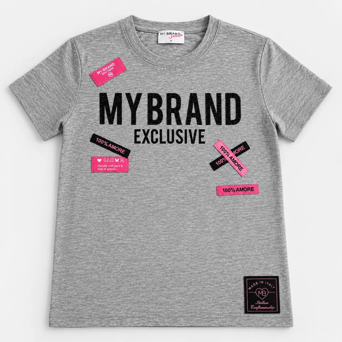 Camiseta gris My Brand con detalles rosas y negros